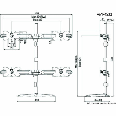 Amer Mounts Quad Monitor Stand Mount Supports Flat Panel Size up to 32" AMR4S32
