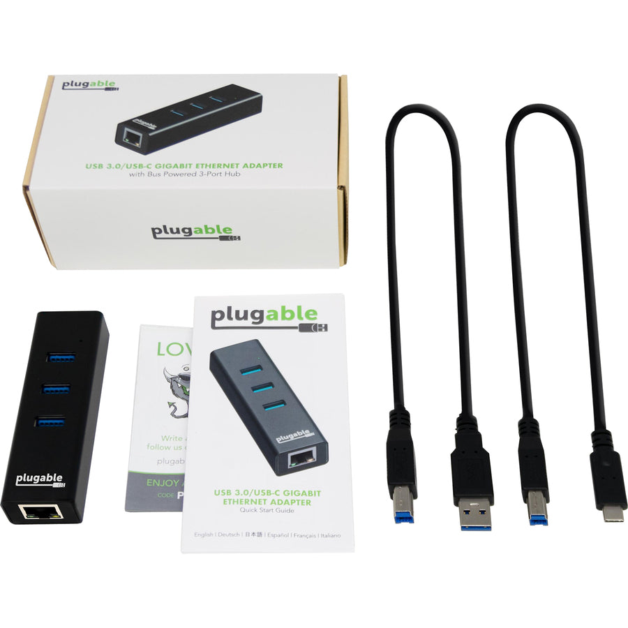 Plugable USB Hub with Ethernet, 3 port USB 3.0 Bus Powered Hub with Gigabit Ethernet