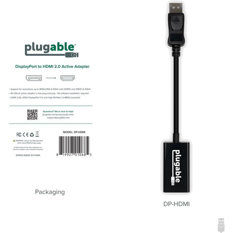 Plugable Active DisplayPort to HDMI Adapter - Connect any DisplayPort-Enabled PC or Tablet to an HDMI Enabled Monitor, TV or Projector for Ultra-HD Video Streaming (HDMI 2.0 up to 4K 3840x2160 @60Hz)