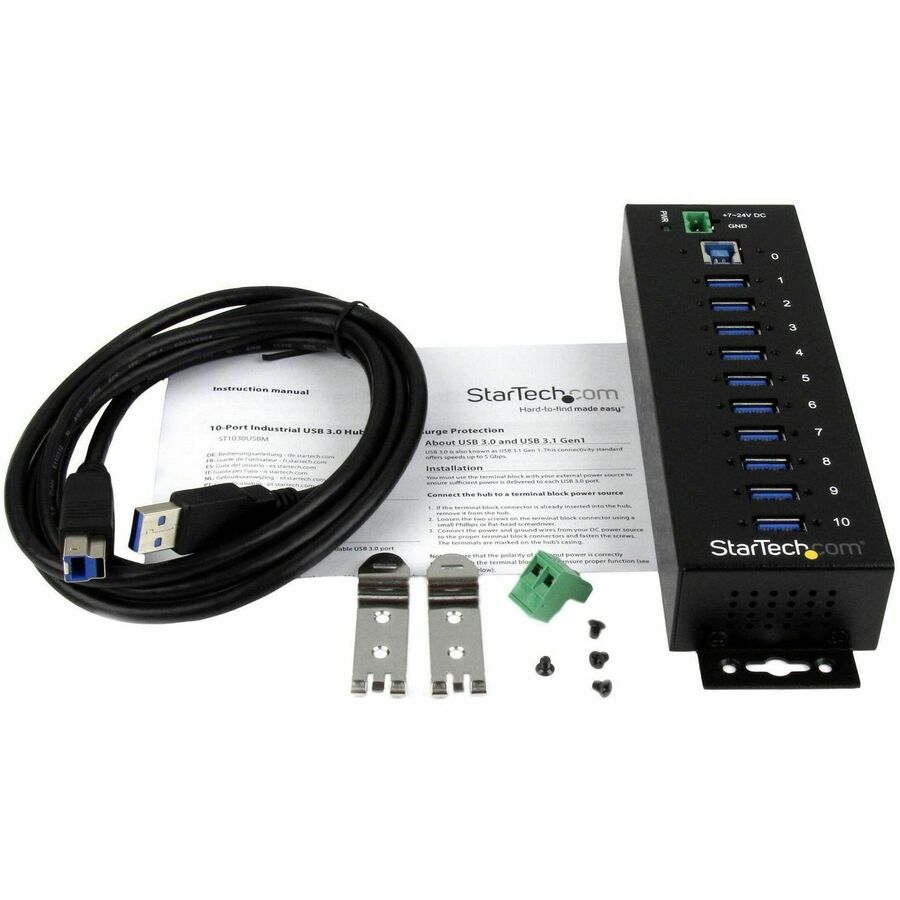 StarTech.com 10 Port Industrial USB 3.0 Hub - ESD and Surge Protection - DIN Rail or Surface-Mountable Metal Housing