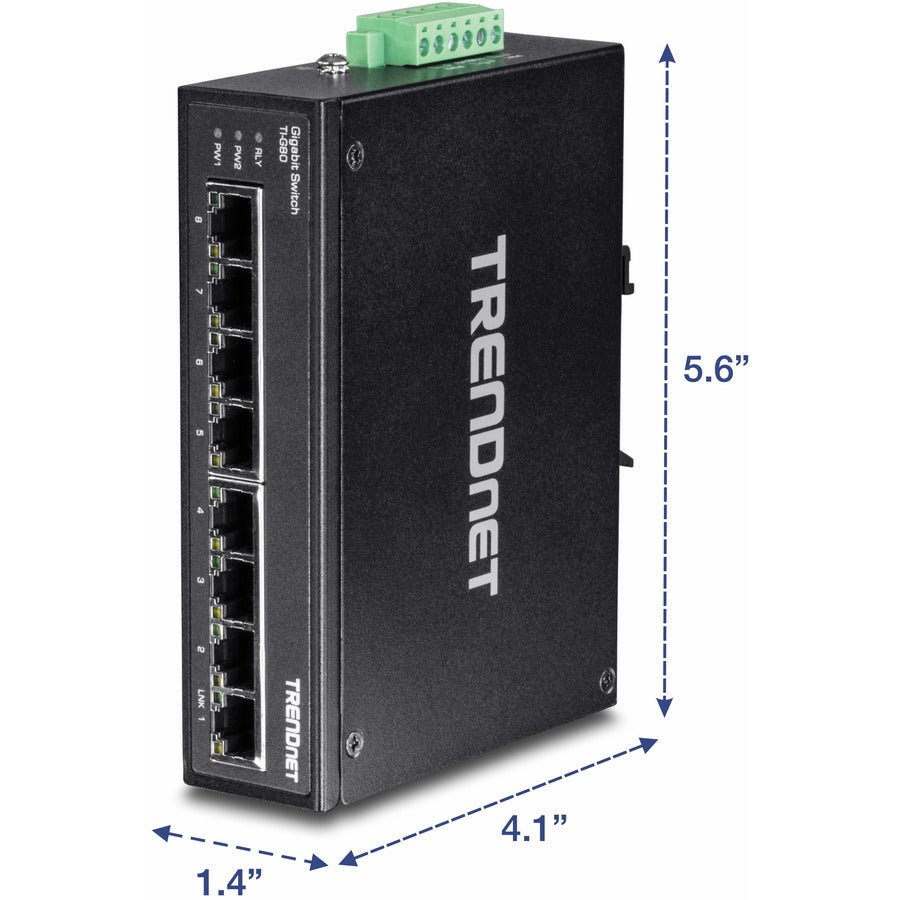 TRENDnet 8-Port Hardened Industrial Gigabit DIN-Rail Switch, TI-G80, 16 Gbps Switching Capacity, IP30 Rated, Ethernet Splitter, NDAA & TAA Compliant, Lifetime Protection, Black