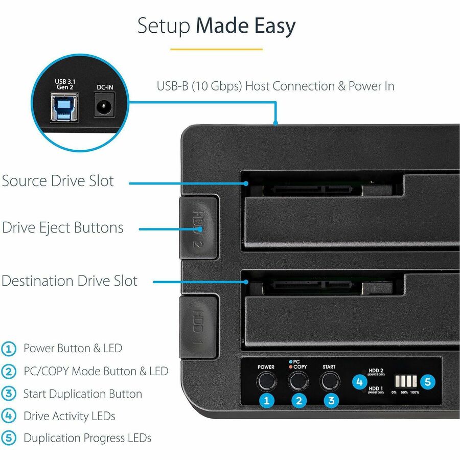 StarTech.com Standalone Hard Drive Duplicator, External Dual Bay HDD/SSD Cloner/Copier, USB 3.1 to SATA Drive Docking Station, Disk Cloner