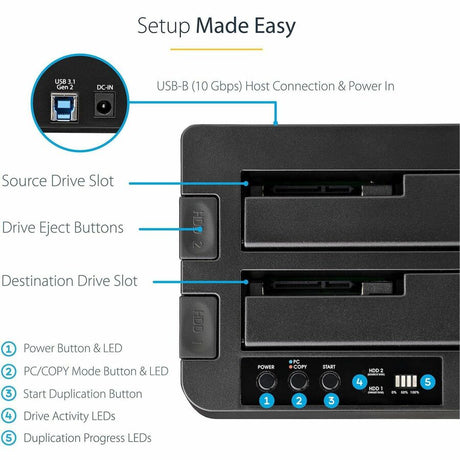 StarTech.com Standalone Hard Drive Duplicator, External Dual Bay HDD/SSD Cloner/Copier, USB 3.1 to SATA Drive Docking Station, Disk Cloner