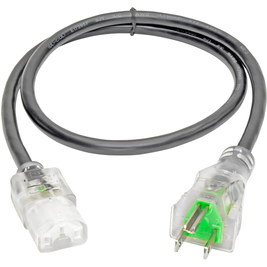 Eaton Tripp Lite Series Hospital-Grade Power Cord, NEMA 5-15P to C13 - Green Dot, 13A, 125V, 16 AWG, 3 ft. (0.91 m), Clear Plugs