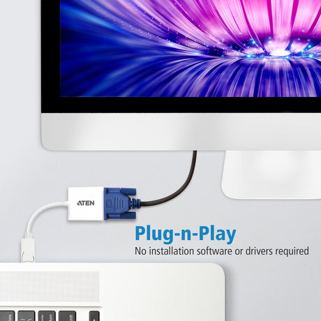 Aten DisplayPort to VGA Adapter - DisplayPort/VGA for Notebook, Video Device, TV - 1 Pack - 1 x DisplayPort Male Digital Audio/Video - 1 x HD-15 Female VGA - White