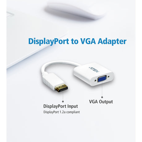 Aten DisplayPort to VGA Adapter - DisplayPort/VGA for Notebook, Video Device, TV - 1 Pack - 1 x DisplayPort Male Digital Audio/Video - 1 x HD-15 Female VGA - White