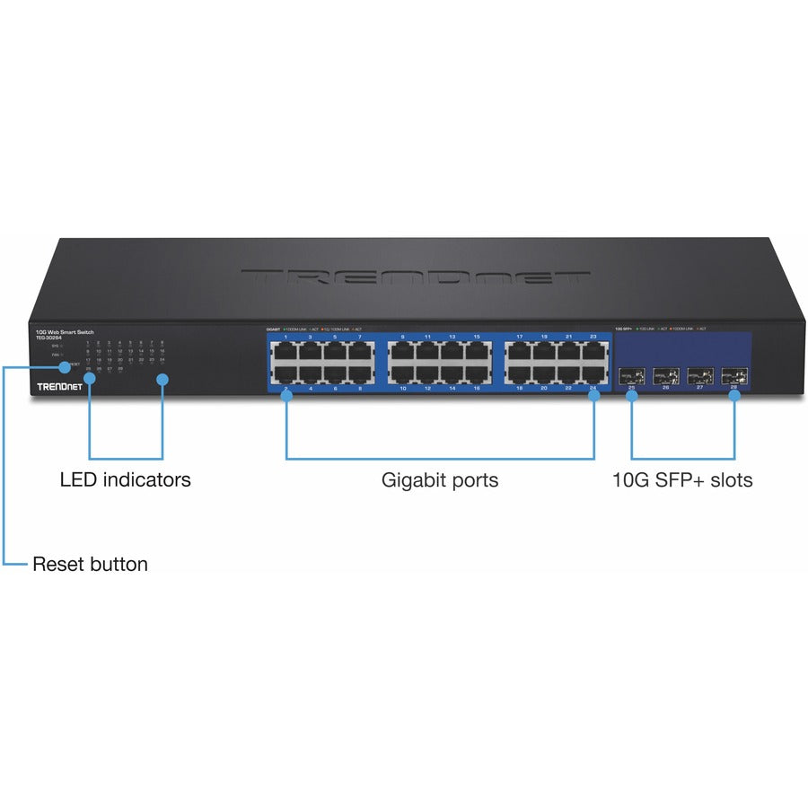 TRENDnet 28-Port Web Smart Switch, 24 x Gigabit Ports, 4 x 10G SFP+ Slots, High Speed Network Uplinks, 128 Gbps Switching Capacity, Network Ethernet Switch, 1U Rack Mountable, Black, TEG-30284