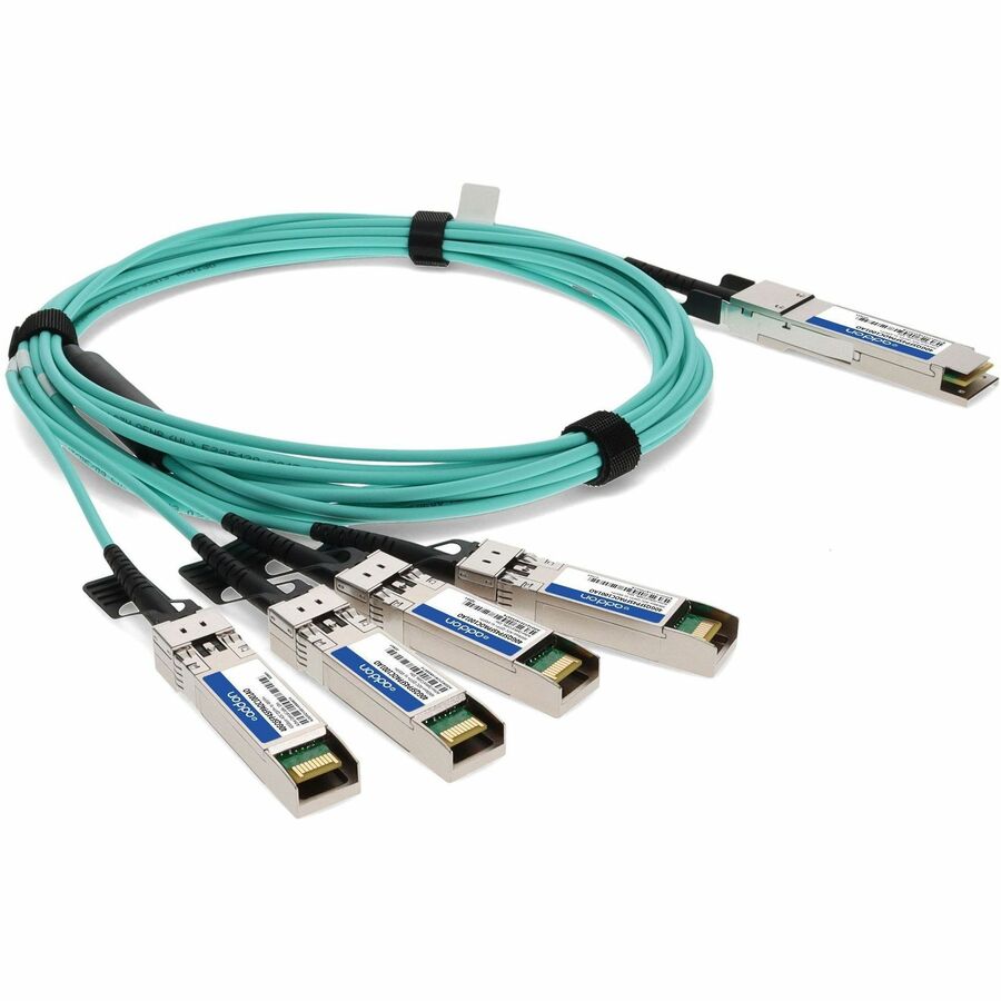 Brocade (Formerly) Compatible TAA Compliant 40GBase-AOC QSFP+ to 4xSFP+ Active Optical Cable (850nm, MMF, 10m)