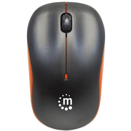 Manhattan Success Wireless Mouse, Black/Orange, 1000dpi, 2.4Ghz (up to 10m), USB, Optical, Three Button with Scroll Wheel, USB micro receiver, AA battery (included), Low friction base, Three Year Warranty, Blister