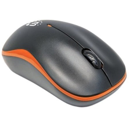 Manhattan Success Wireless Mouse, Black/Orange, 1000dpi, 2.4Ghz (up to 10m), USB, Optical, Three Button with Scroll Wheel, USB micro receiver, AA battery (included), Low friction base, Three Year Warranty, Blister