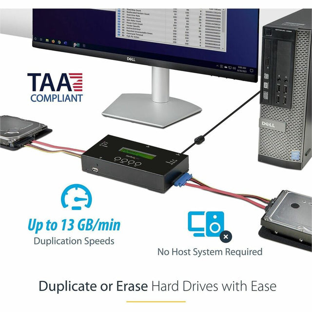 StarTech.com 1:1 Standalone Hard Drive Duplicator and Eraser, SAS/SATA HDD/SSD Cloner/Copier and Disk Eraser/Sanitizer/Wiper, Toolless