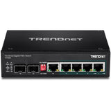 TRENDnet 6-Port Hardened Industrial Gigabit PoE+ DIN-Rail Switch, 4 x Gigabit PoE+ Ports, Shared Gigabit Port (RJ-45/SFP), Dedicated SFP, 120W Power Budget, IP30, Lifetime Protection, Black, TI-PG62