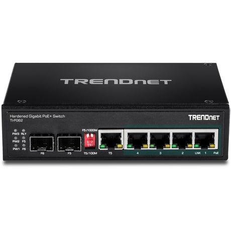TRENDnet 6-Port Hardened Industrial Gigabit PoE+ DIN-Rail Switch, 4 x Gigabit PoE+ Ports, Shared Gigabit Port (RJ-45/SFP), Dedicated SFP, 120W Power Budget, IP30, Lifetime Protection, Black, TI-PG62