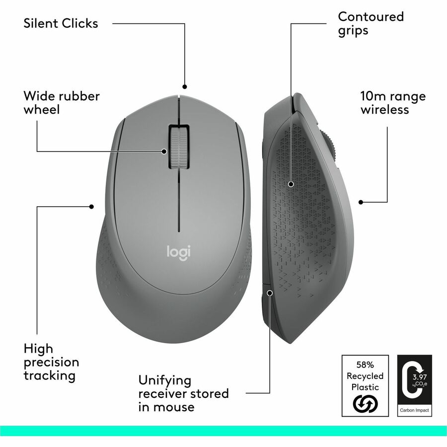 Logitech M330 SILENT PLUS Wireless Mouse, 2.4GHz with USB Receiver, Optical Tracking, Quiet & Lightweight, Gray