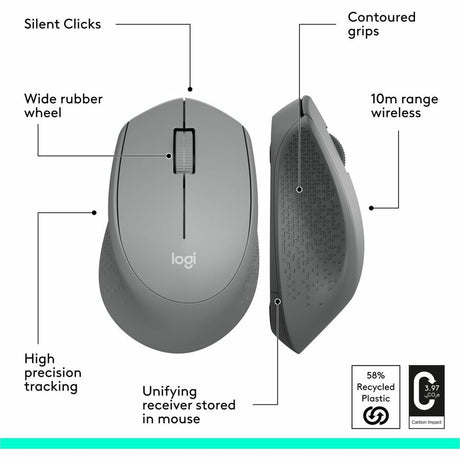 Logitech M330 SILENT PLUS Wireless Mouse, 2.4GHz with USB Receiver, Optical Tracking, Quiet & Lightweight, Gray
