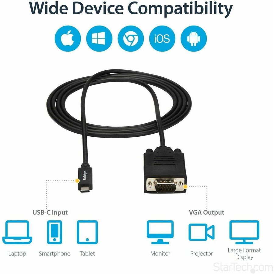 StarTech.com 6ft/2m USB C to VGA Cable - 1920x1200/1080p USB Type C DP Alt Mode to VGA Video Monitor Adapter Cable -Works w/ Thunderbolt 3