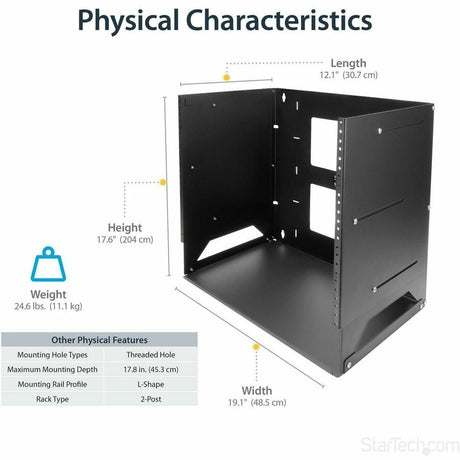 StarTech.com 2-Post 8U Open Frame Wall Mount Network Rack with Built-in Shelf and Adjustable Depth, Computer Rack for IT Equipment, TAA~