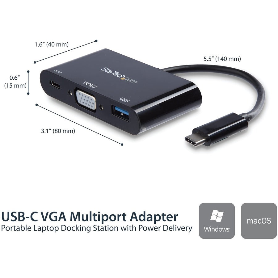 StarTech.com USB-C VGA Multiport Adapter - USB-A Port - with Power Delivery (USB PD) - USB C Adapter Converter - USB C Dongle