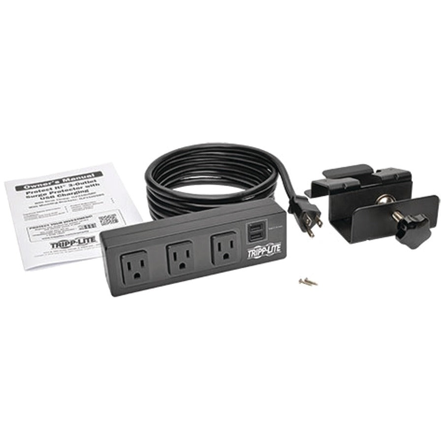 Eaton Tripp Lite Series Protect It! 3-Outlet Surge Protector with Desk Clamp, 10 ft. Cord, 510 Joules, 2 USB Charging Ports, Black Housing