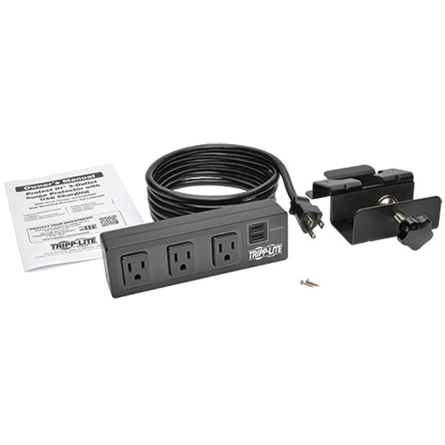 Eaton Tripp Lite Series Protect It! 3-Outlet Surge Protector with Desk Clamp, 10 ft. Cord, 510 Joules, 2 USB Charging Ports, Black Housing