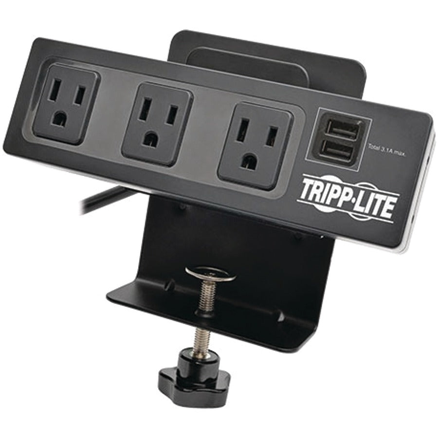 Eaton Tripp Lite Series Protect It! 3-Outlet Surge Protector with Desk Clamp, 10 ft. Cord, 510 Joules, 2 USB Charging Ports, Black Housing