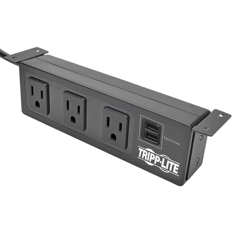 Eaton Tripp Lite Series Protect It! 3-Outlet Surge Protector with Mounting Brackets, 10 ft. Cord, 510 Joules, 2 USB Charging Ports, Black Housing