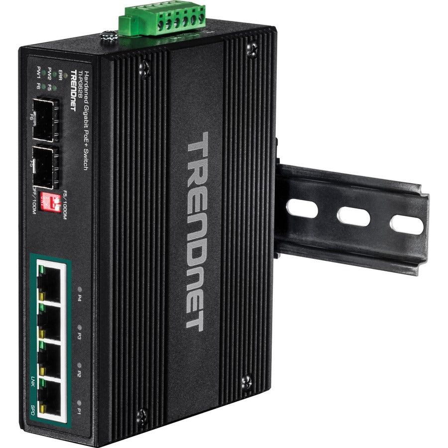 TRENDnet 6-Port Hardened Industrial Unmanaged Gigabit 10/100/1000Mbps DIN-Rail Switch, 4 x Gigabit PoE+ Ports, 2 x Dedicated SFP Slots, Lifetime Protection, Black, TI-PG62B