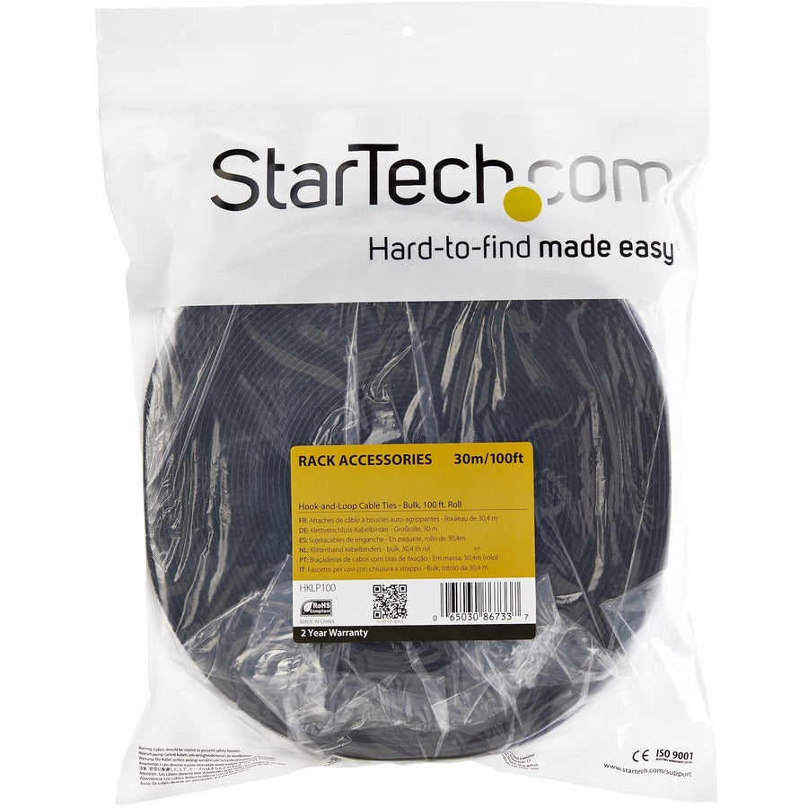 StarTech.com Hook-and-Loop Cable Management Tie - 25 ft. Roll - Black - Cut-to-Size Cable Wrap / Straps