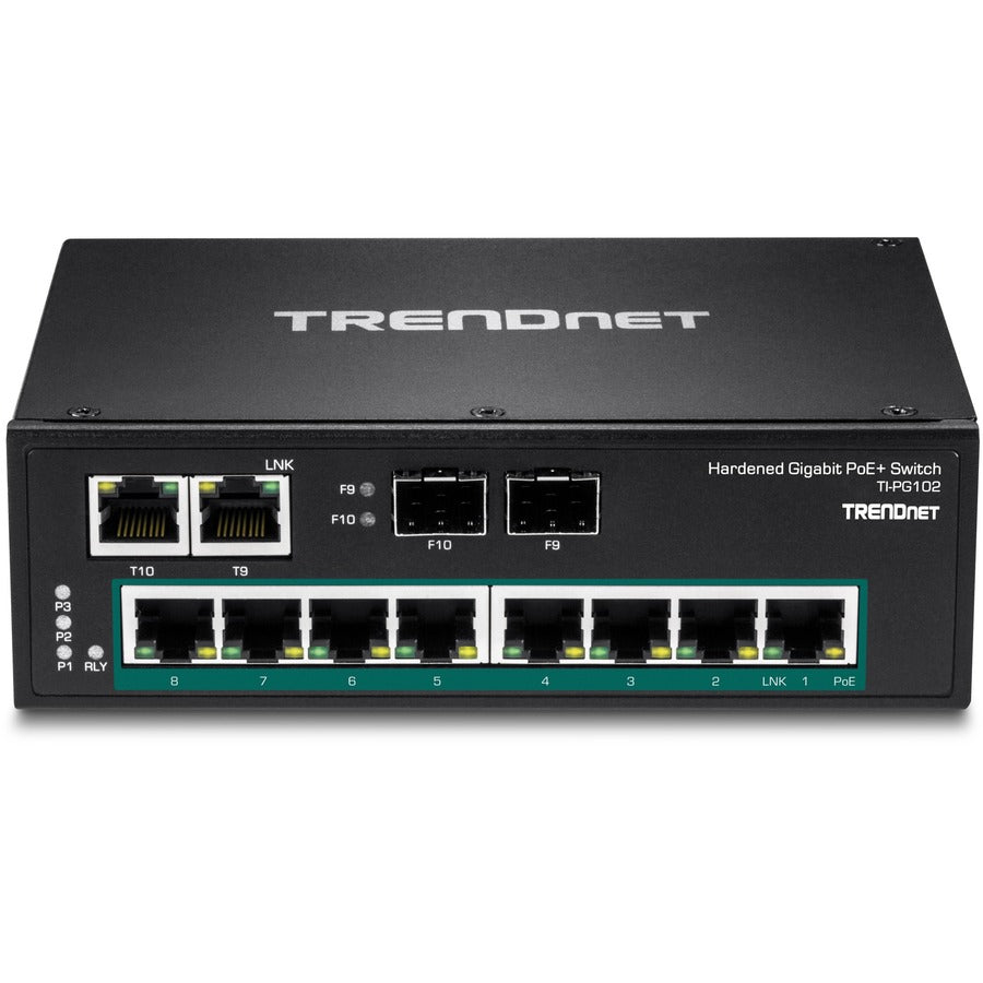 TRENDnet 10-Port Industrial Gigabit PoE+ DIN-Rail Switch, 8 x Gigabit PoE+ Ports, DIN-Rail Mount, 2 x SFP Slots, 240W PoE Power Budget, Network Switch, IP30, QoS, Lifetime Protection, Black, TI-PG102