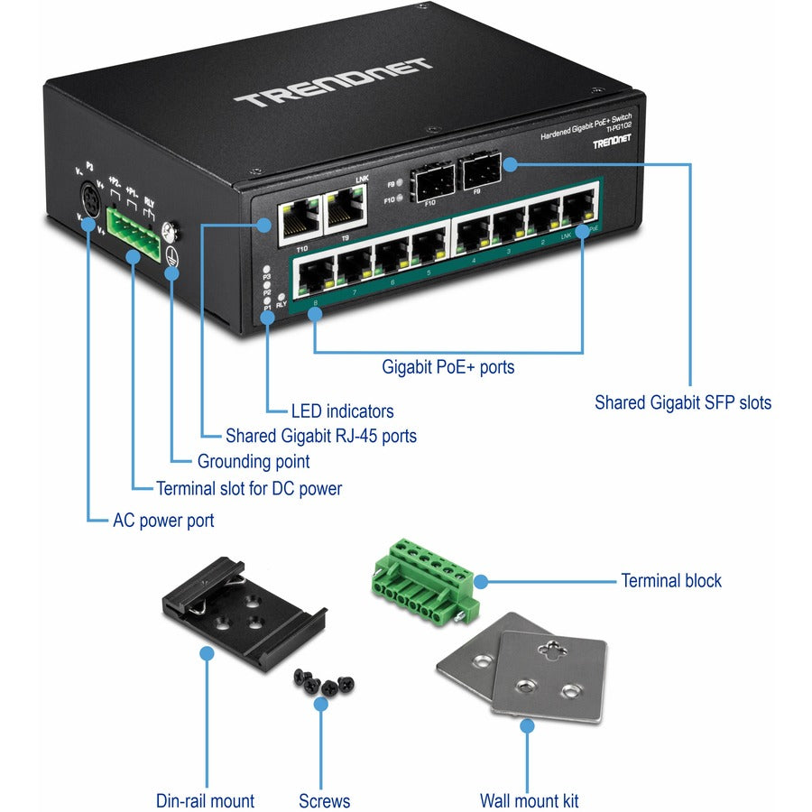 TRENDnet 10-Port Industrial Gigabit PoE+ DIN-Rail Switch, 8 x Gigabit PoE+ Ports, DIN-Rail Mount, 2 x SFP Slots, 240W PoE Power Budget, Network Switch, IP30, QoS, Lifetime Protection, Black, TI-PG102
