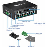 TRENDnet 10-Port Industrial Gigabit PoE+ DIN-Rail Switch, 8 x Gigabit PoE+ Ports, DIN-Rail Mount, 2 x SFP Slots, 240W PoE Power Budget, Network Switch, IP30, QoS, Lifetime Protection, Black, TI-PG102