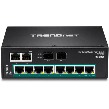 TRENDnet 10-Port Industrial Gigabit PoE+ DIN-Rail Switch, 8 x Gigabit PoE+ Ports, DIN-Rail Mount, 2 x SFP Slots, 240W PoE Power Budget, Network Switch, IP30, QoS, Lifetime Protection, Black, TI-PG102