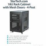 StarTech.com 18U 19" Server Rack Cabinet 4 Post Adjustable Depth 2-30" w/Casters/Cable Management/1U Shelf, Locking Doors and Side Panels