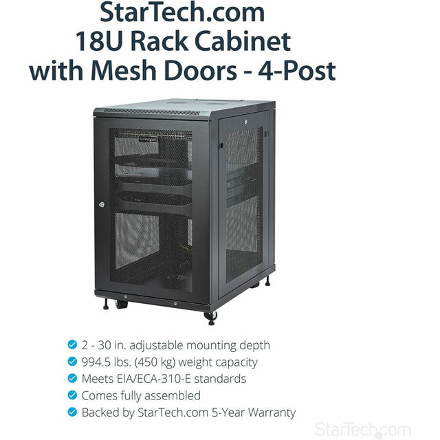 StarTech.com 18U 19" Server Rack Cabinet 4 Post Adjustable Depth 2-30" w/Casters/Cable Management/1U Shelf, Locking Doors and Side Panels
