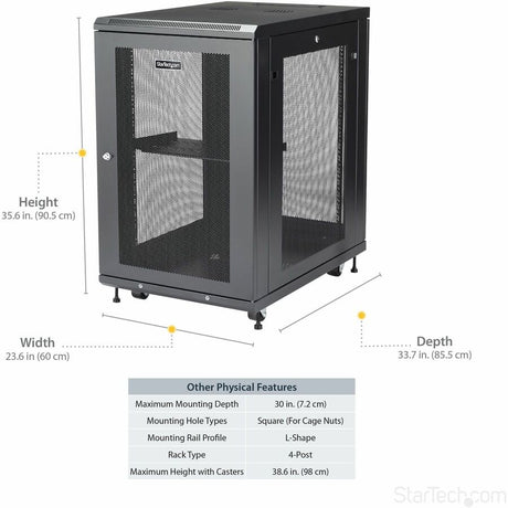 StarTech.com 18U 19" Server Rack Cabinet 4 Post Adjustable Depth 2-30" w/Casters/Cable Management/1U Shelf, Locking Doors and Side Panels