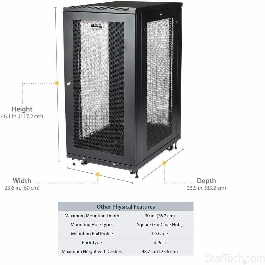 StarTech.com 24U 19" Server Rack Cabinet 4 Post Adjustable Depth 2-30" w/Casters/Cable Management/1U Shelf, Locking Doors and Side Panels