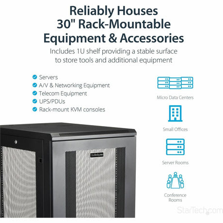 StarTech.com 24U 19" Server Rack Cabinet 4 Post Adjustable Depth 2-30" w/Casters/Cable Management/1U Shelf, Locking Doors and Side Panels