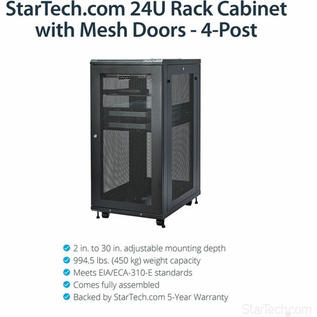 StarTech.com 24U 19" Server Rack Cabinet 4 Post Adjustable Depth 2-30" w/Casters/Cable Management/1U Shelf, Locking Doors and Side Panels