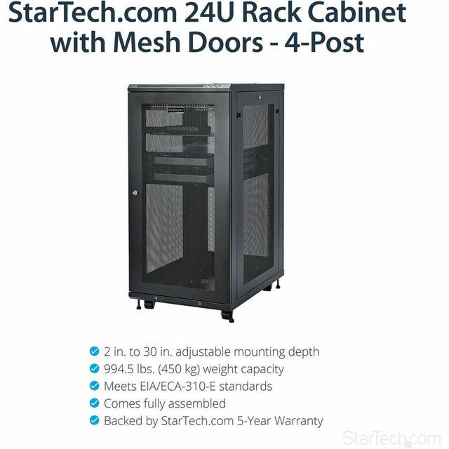 StarTech.com 24U 19" Server Rack Cabinet 4 Post Adjustable Depth 2-30" w/Casters/Cable Management/1U Shelf, Locking Doors and Side Panels