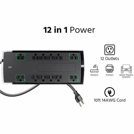 Monoprice 12 Outlet Slim Surge Protector - 4230 Joules, Clamping Voltage 330V, 10ft Cord