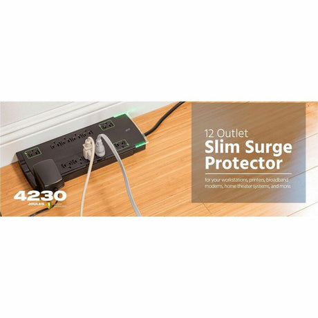 Monoprice 12 Outlet Slim Surge Protector - 4230 Joules, Clamping Voltage 330V, 10ft Cord