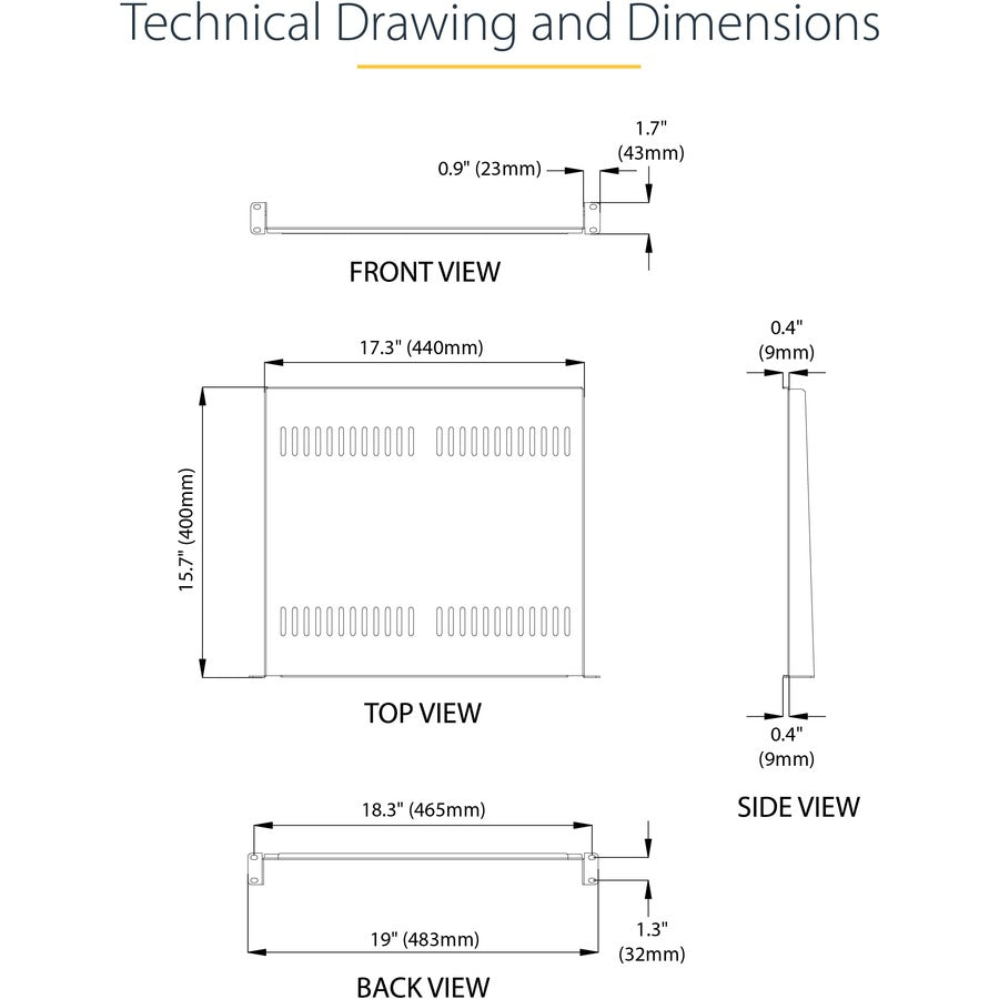 StarTech.com 1U Vented Server Rack Cabinet Shelf - Fixed 16" Deep Cantilever Rackmount Tray for 19" Data/AV/Network Enclosure w/Cage Nuts