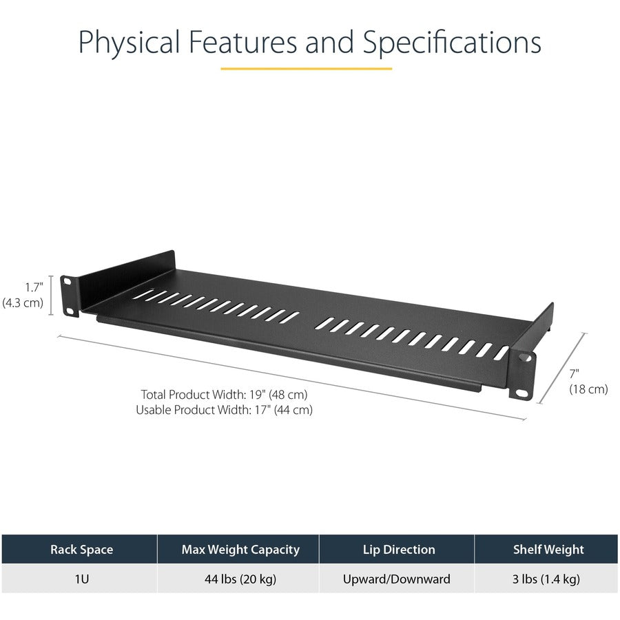 StarTech.com 1U Vented Server Rack Cabinet Shelf - Fixed 7in Deep Cantilever Rackmount Tray for 19" Data/AV/Network Enclosure w/Cage Nuts