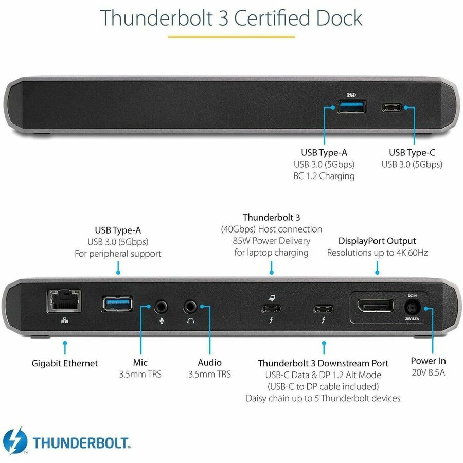 StarTech.com Thunderbolt 3 Dock - Dual Monitor 4K 60Hz TB3 Laptop Docking Station with DisplayPort - 85W Power Delivery - 3x USB 3.0, GbE