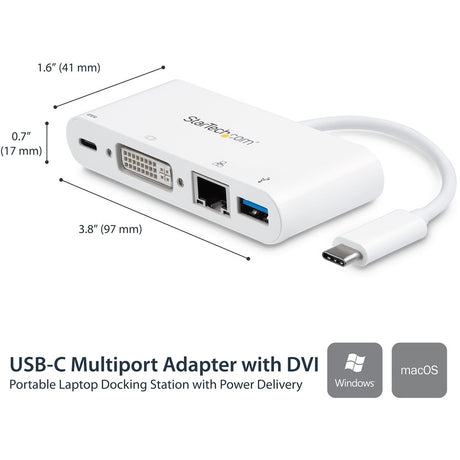 StarTech.com USB C Multiport Adapter to DVI-D (Digital) Video - 60W PD Passthrough/GbE/USB-A - Portable USB Type-C/Thunderbolt 3 Mini Dock