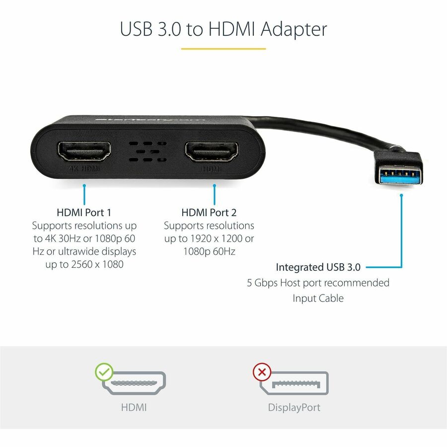 StarTech.com USB 3.0 to Dual HDMI Adapter, USB to 2x HDMI Monitor Converter for Windows (no support for macOS/ChromeOS/Linux) - TAA