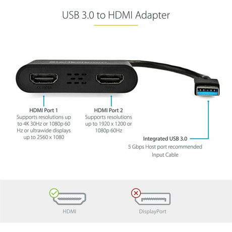 StarTech.com USB 3.0 to Dual HDMI Adapter, USB to 2x HDMI Monitor Converter for Windows (no support for macOS/ChromeOS/Linux) - TAA