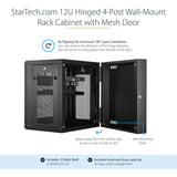 StarTech.com 4-Post 12U Wall Mount Network Cabinet, 19" Hinged Wall-Mounted Server Rack for IT Equipment, Flexible Lockable Rack Enclosure