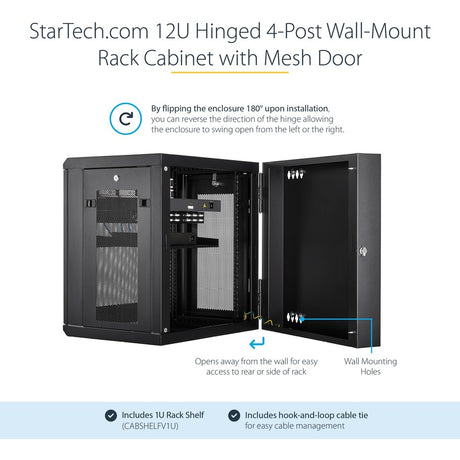 StarTech.com 4-Post 12U Wall Mount Network Cabinet, 19" Hinged Wall-Mounted Server Rack for IT Equipment, Flexible Lockable Rack Enclosure