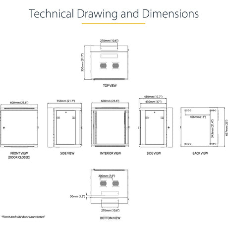 StarTech.com 4-Post 12U Wall Mount Network Cabinet, 19" Hinged Wall-Mounted Server Rack for IT Equipment, Flexible Lockable Rack Enclosure